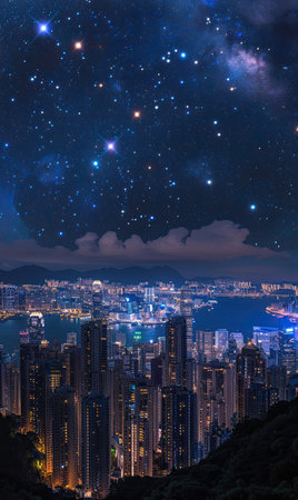Starry Skyline: City Lights and Stars at Night , Generate Aiの素材
