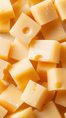 Pile of diced cheddar cheese with distinct holes, isolated on a white backdrop. Generate AIの素材