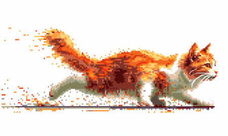 A pixel art depiction of a dynamic orange tabby cat in motion. Generate AIの素材