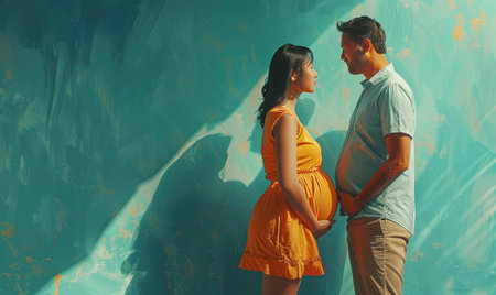 A tender moment between a pregnant woman and her partner against a blue backdrop. Generate AIの素材