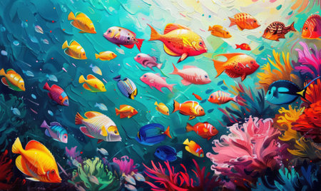Colorful illustration of stylized fish among coral reefs. Generate AIの素材