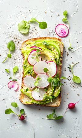 A healthy avocado toast topped with sliced radishes and microgreens, sprinkled with seeds. Generate AIの素材