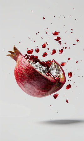 Split pomegranate with seeds spraying out mid-air on a white background. Generate AIの素材