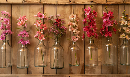 A charming bouquet of orange blossoms in a glass vase against a wooden backdrop. Generate AIの素材