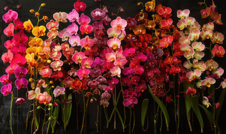 A colorful assortment of orchids against a dark background creates a striking visual. generate AIの素材