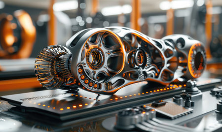 A luxurious lobby featuring modern architecture with golden trees and circular windows. Generate AIの素材