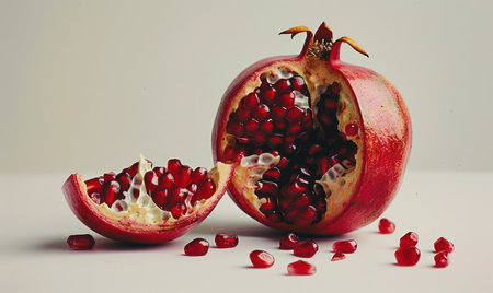Close-up of a ripe pomegranate partially opened with seeds scattered against a , Generate AIの素材