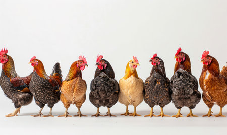 A variety of chicken breeds standing in a row on a white background. generate AIの素材