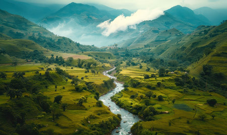 A winding river meanders through lush green hills under a bright sky. Generate AIの素材