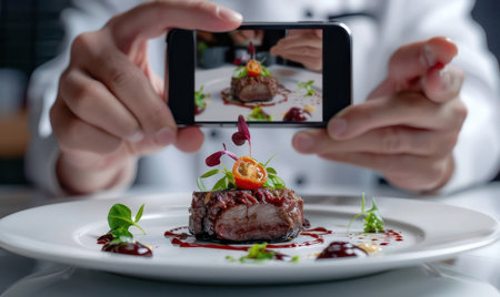 Close-up of a chef's hands finalizing a gourmet salmon plate with greens. Generate AIの素材