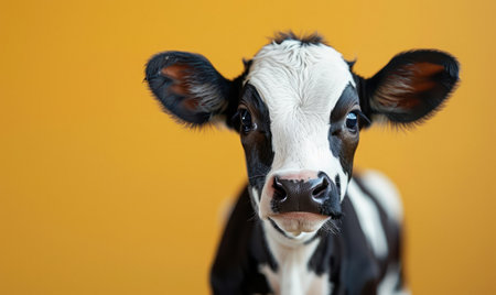 Close-up of a cute calf with black and white patterns against a vibrant yellow backdrop.  Generate AIの素材