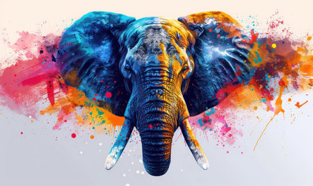 Angry elephant face vector with zoo park details and vibrant rainbow splash on a white background , Generate AIの素材