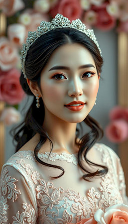 Close-up of a graceful bride in a white lace wedding dress adorned with a flower in her hair.の素材