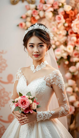 Close-up of a graceful bride in a white lace wedding dress adorned with a flower in her hair.の素材