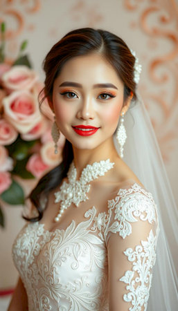 Close-up of a graceful bride in a white lace wedding dress adorned with a flower in her hair.の素材