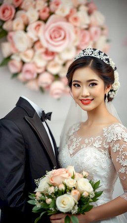 Close-up of a graceful bride in a white lace wedding dress adorned with a flower in her hair.の素材