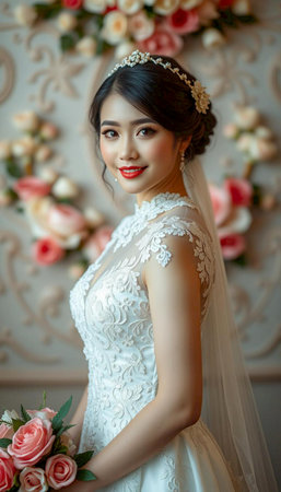 Close-up of a graceful bride in a white lace wedding dress adorned with a flower in her hair.の素材