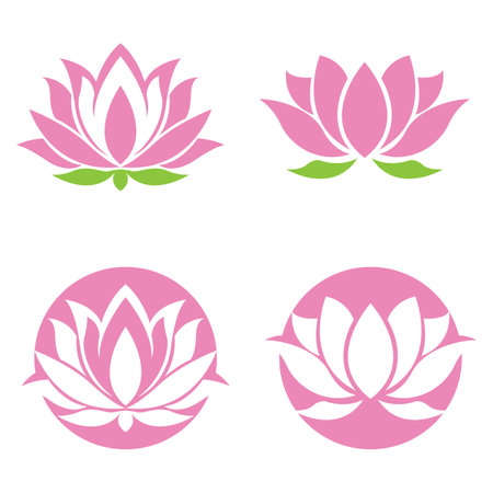 Pink lotus flower green simple design  logoのイラスト素材