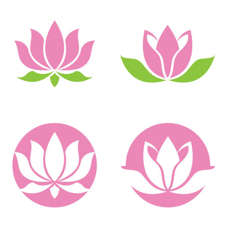 Pink lotus flower green simple design  logoのイラスト素材