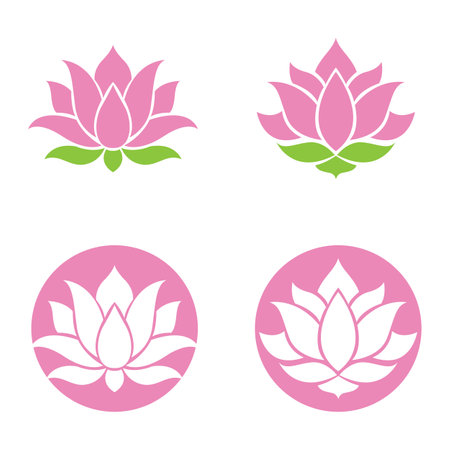 Pink lotus flower green simple design  logoのイラスト素材