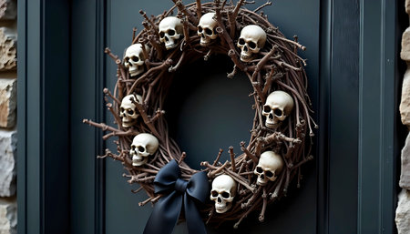 A dark Halloween-themed wreath hangs on a black wooden doorの素材