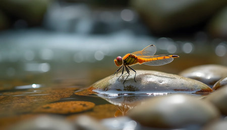 Macro Shot Of Dragonfly Near Flowing Streamの素材