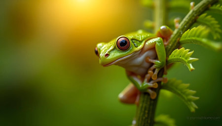 Froglet On Wet Fern In Golden Hourの素材