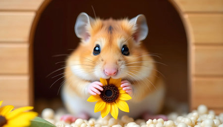 Syrian Hamster Eating Seed In Wooden Houseの素材