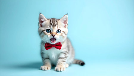 Stylish Gray White Cat Sitting On Blueの素材