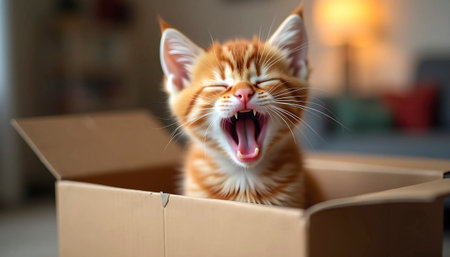 Ginger Kitten Yawning Inside Cardboard Boxの素材
