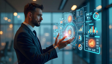 Businessman Using Futuristic Holographic Data Interfaceの素材