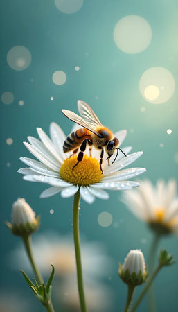 Bee on Dewy White Daisies with Bokeh potraitの素材