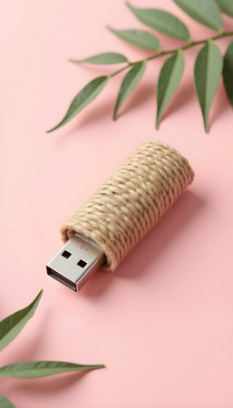 Beige Jute USB Drive with Green Leavesの素材