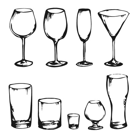 Collection of hand drawing drinks and glasses. Alcohol glasses. Wine, whiskey, champagne, vodka, cocktail, cognac. Sketch of different king of glasses. Set of stem ware and drink ware.のイラスト素材