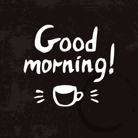 Good morning lettering with cup of coffee. Lettering for design, print or typography. card with hand drawn lettering.のイラスト素材