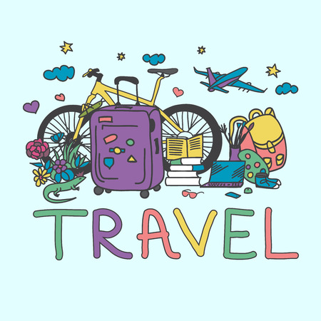Cute travel illustration with bicycle, bag, airplane. Colorful composition of travel lifestyle. 
Trip and Leisure. Illustration for print.のイラスト素材