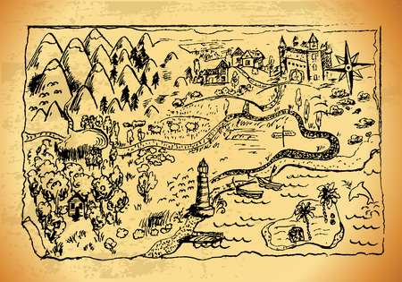 Old style a map with landscapes, mountains, forest, sea. Grunge "Treasure Map" with lots of decoration with incredible details.のイラスト素材