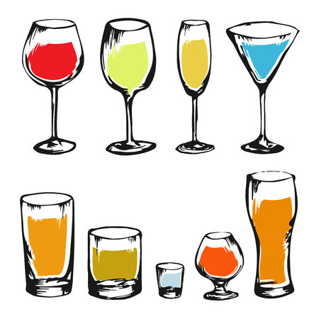 alcohol drinks collection for design. Set of alcohol glasses. Colorful sketch of alcohol. Illustration for bar, restaurant, cafe, night club.のイラスト素材