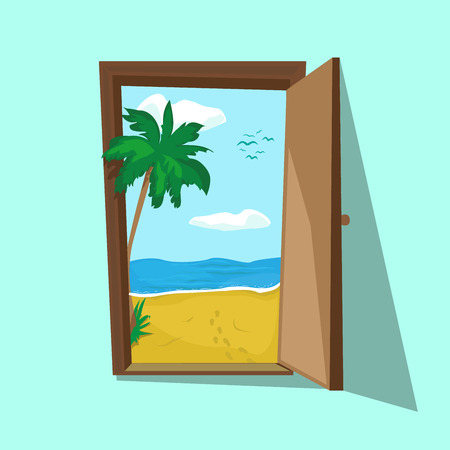 illustration of an open door with beach palm and sea there. Dream weekend and summer holiday. Travel and freelance. Tourist motivating poster.のイラスト素材