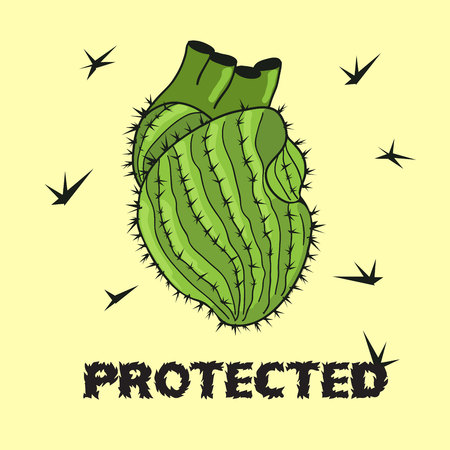Cactus heart cartoon illustration. Doodle green prickly thorny cactus human heart. Protected heart with thorns.のイラスト素材