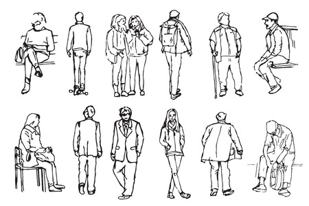 Collection of  people in linear style. Different characters and poses.のイラスト素材