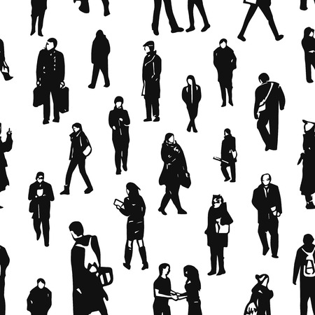 Seamless pattern of people's figures. Different characters and poses on white background.のイラスト素材