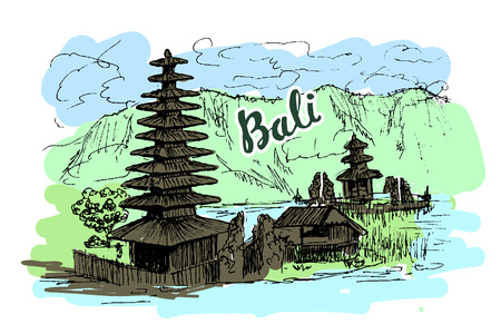 Illustration of Balenese temple Pura Ulun Danu Bratan. Touristic sketch of Asian landscape.のイラスト素材