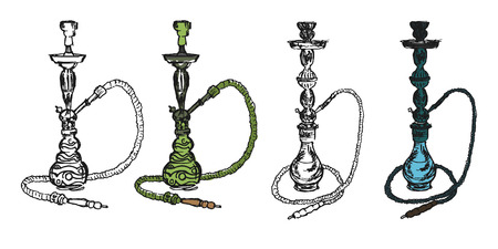 hookah collection on the white background. Artistic style sketch of smoking instrument.