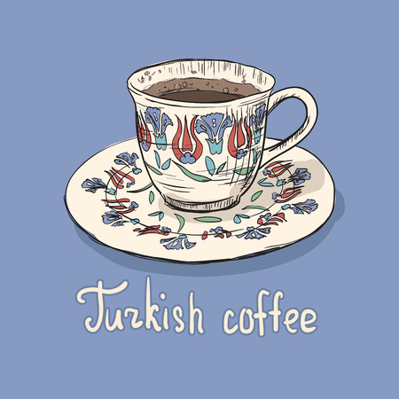 illustration of cup of coffee. Unique turkish coffee cup with national decorative element and flower patterns. Istanbul coffee time.のイラスト素材