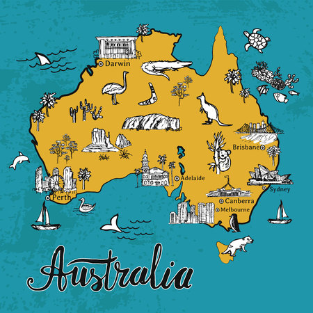 Drawing Australia vector map. Hand drawn map of Australian continent with lettering. Unique touristic sightseeing map.のイラスト素材