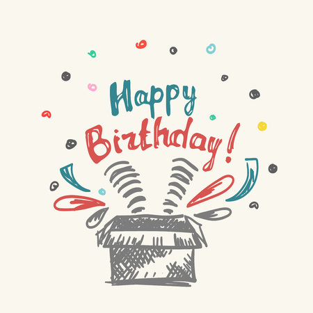 Happy birthday illustration for greeting tcard. Sketch of box with greeting.のイラスト素材