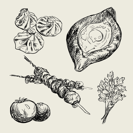 Hand drawn illustration of Georgian national food and dishes. Collection for georgian restaurant. Khinkali, khachapuri, shashlik, barbecue, meat. National meal.のイラスト素材