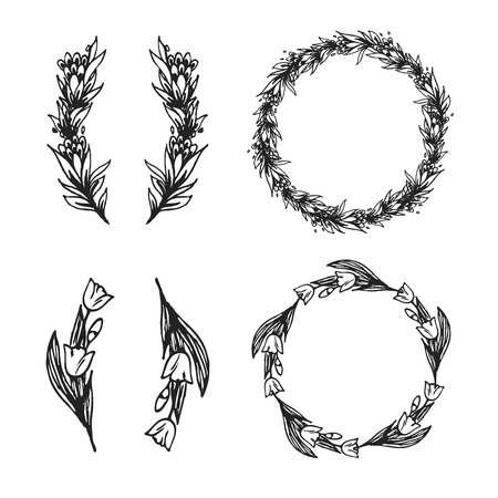 Hand drawn floral elements and frame for decoration of cards, text, invitation.のイラスト素材