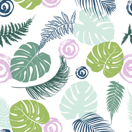 Tropical leaves seamless background. Cute multicolor pattern with exotic leaves for decoration and print.のイラスト素材